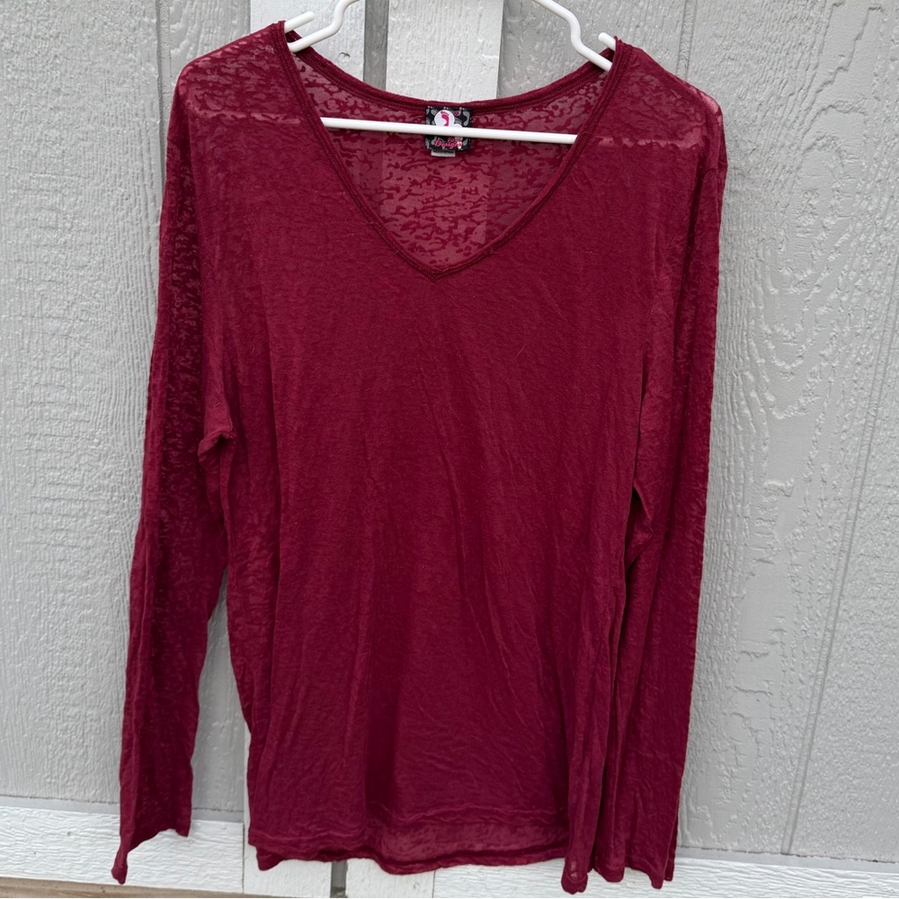 2XL - Women's V-Neck Long Sleeve Top - Burgundy